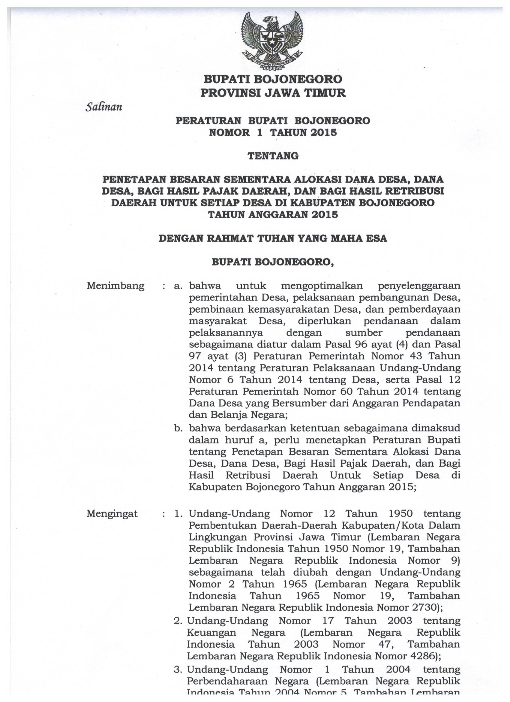 Peraturan Bupati Bojonegoro Nomor 1 Tahun 2015