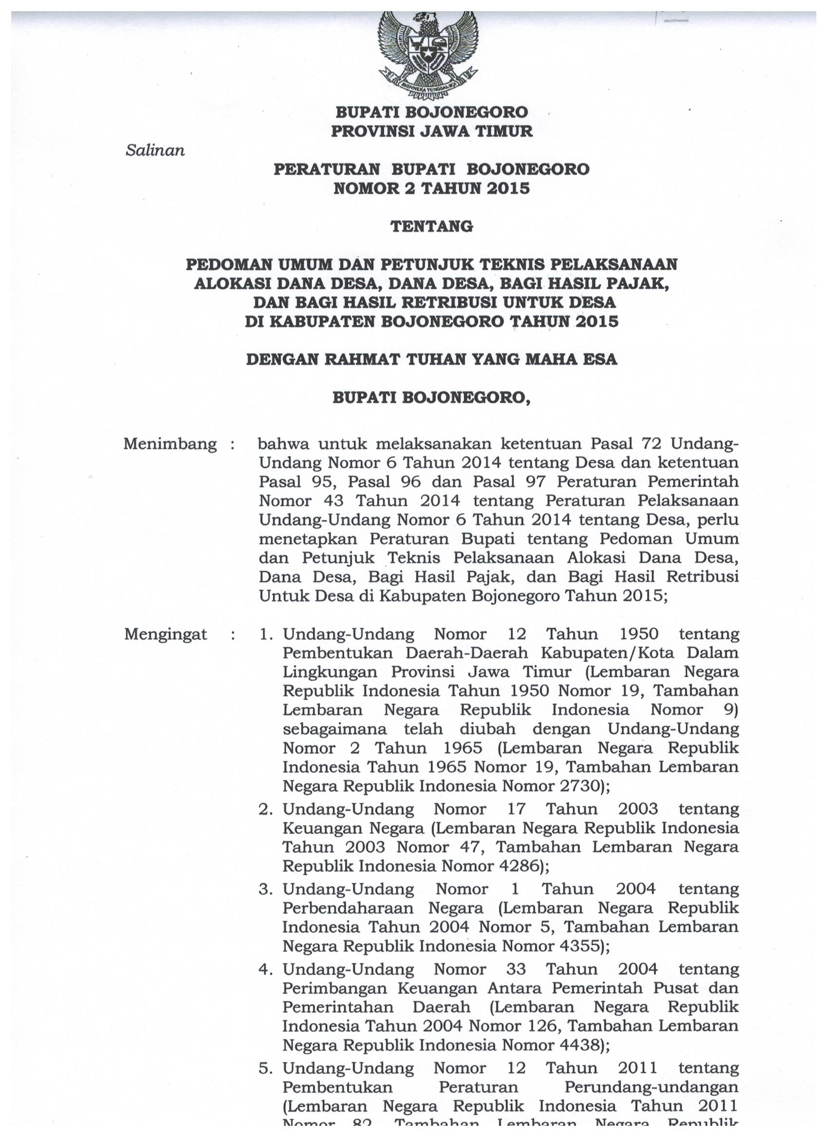 Peraturan Bupati Bojonegoro Nomor 2 Tahun 2015