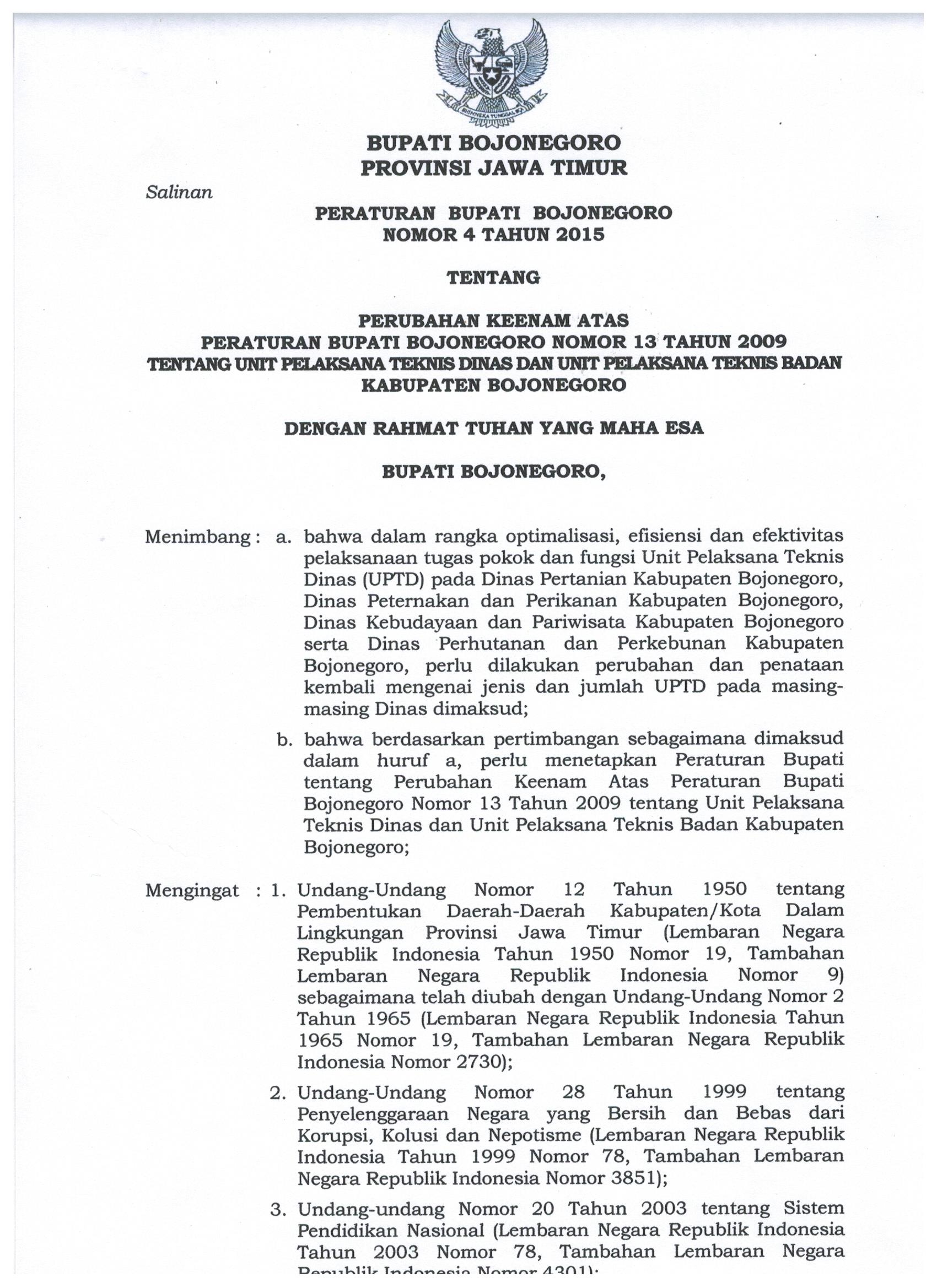 Peraturan Bupati Bojonegoro Nomor 4 Tahun 2015