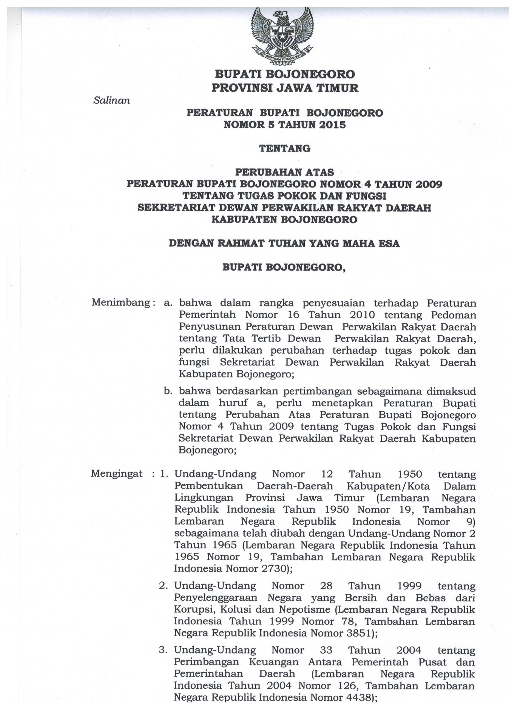 Peraturan Bupati Bojonegoro Nomor 5 Tahun 2015