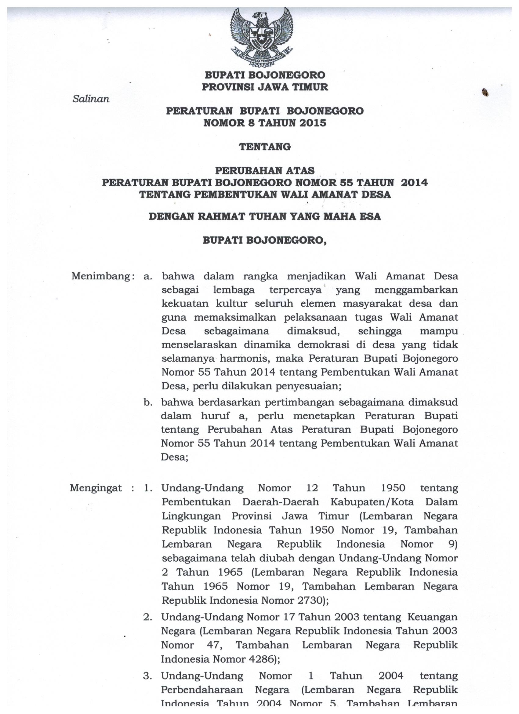 Peraturan Bupati Bojonegoro Nomor 8 Tahun 2015