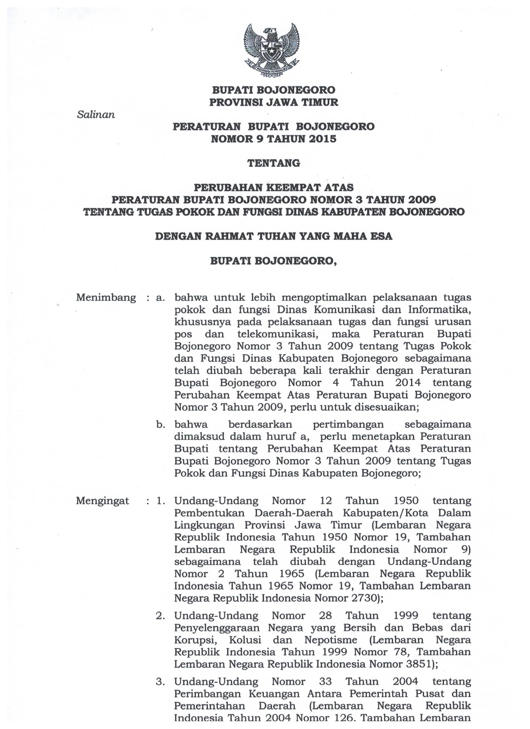 Peraturan Bupati Bojonegoro Nomor 9 Tahun 2015