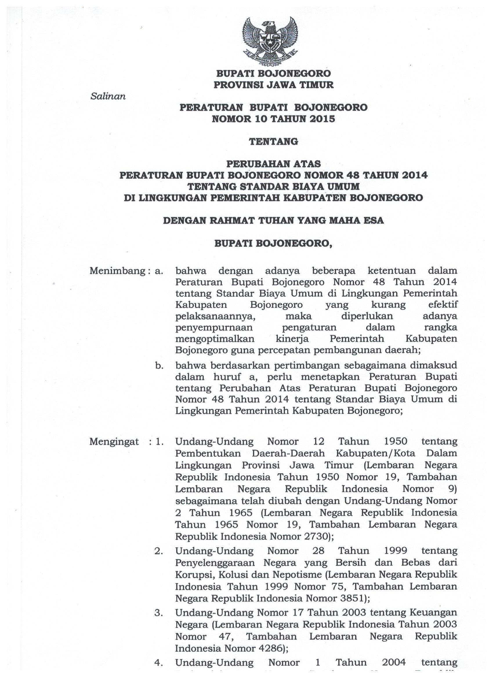 Peraturan Bupati Bojonegoro Nomor 10 Tahun 2015