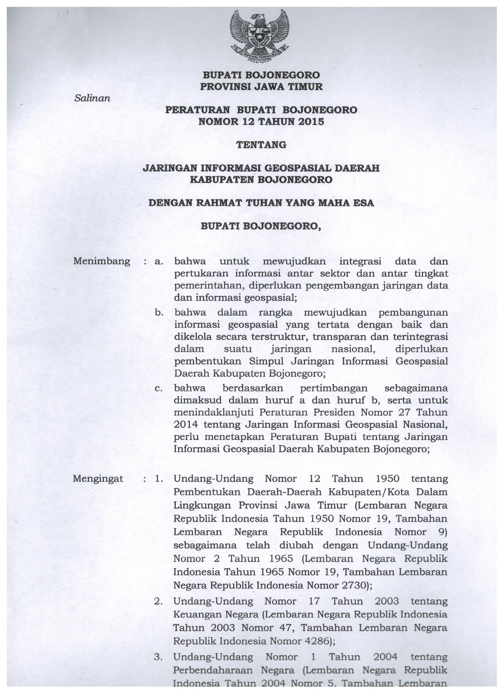 Peraturan Bupati Bojonegoro Nomor 12 Tahun 2015
