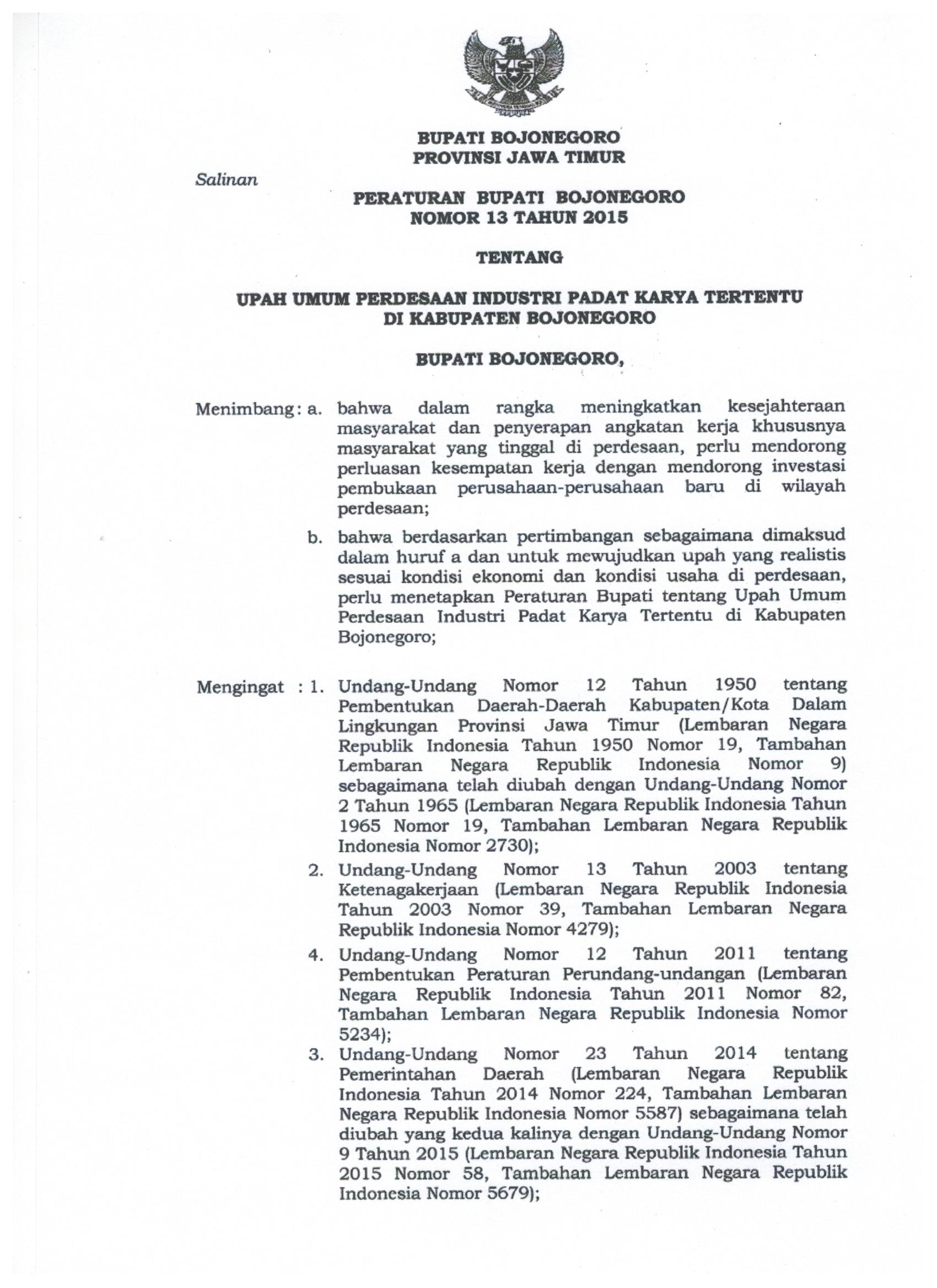 Peraturan Bupati Bojonegoro Nomor 13 Tahun 2015