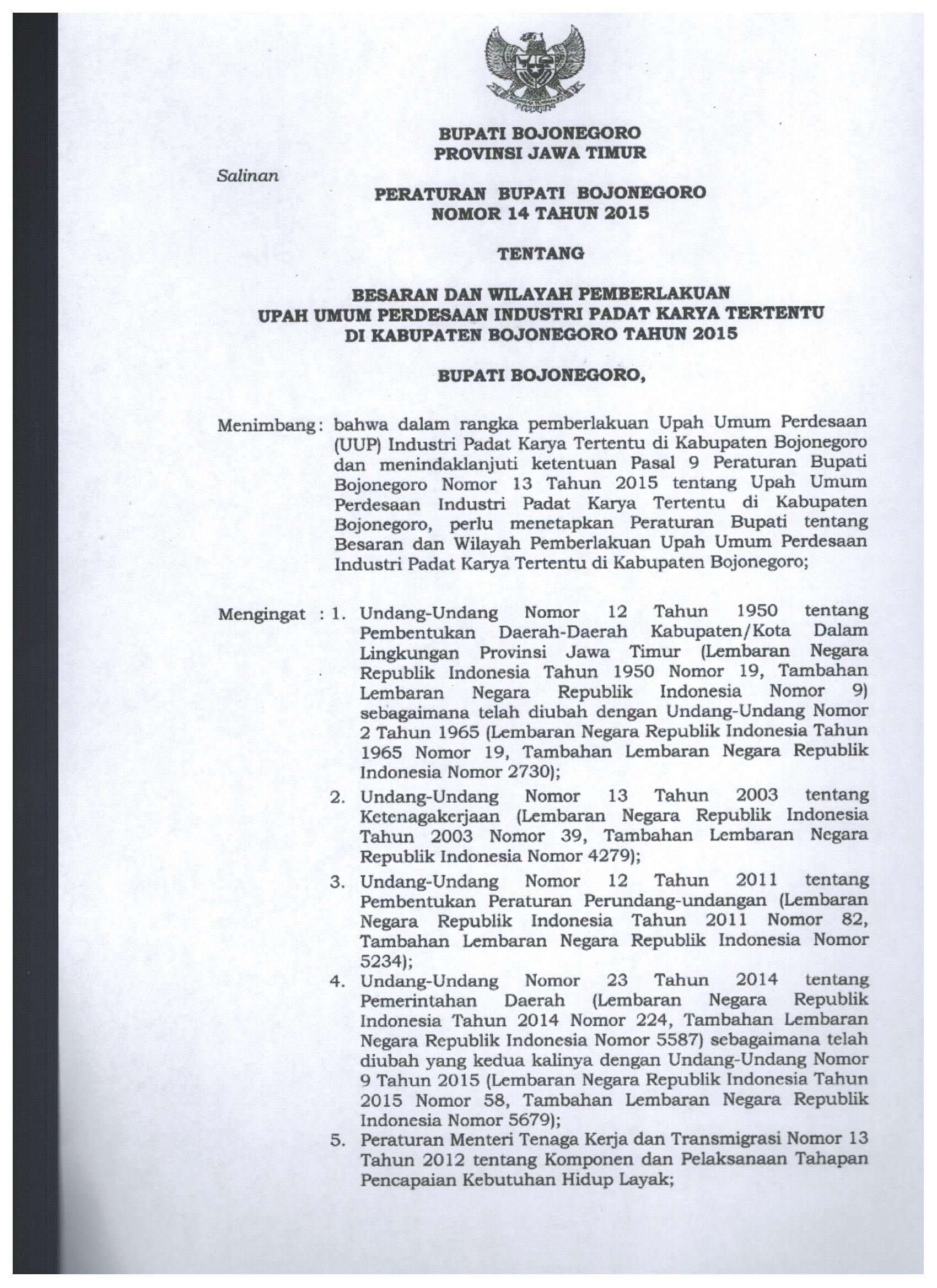 Peraturan Bupati Bojonegoro Nomor 14 Tahun 2015