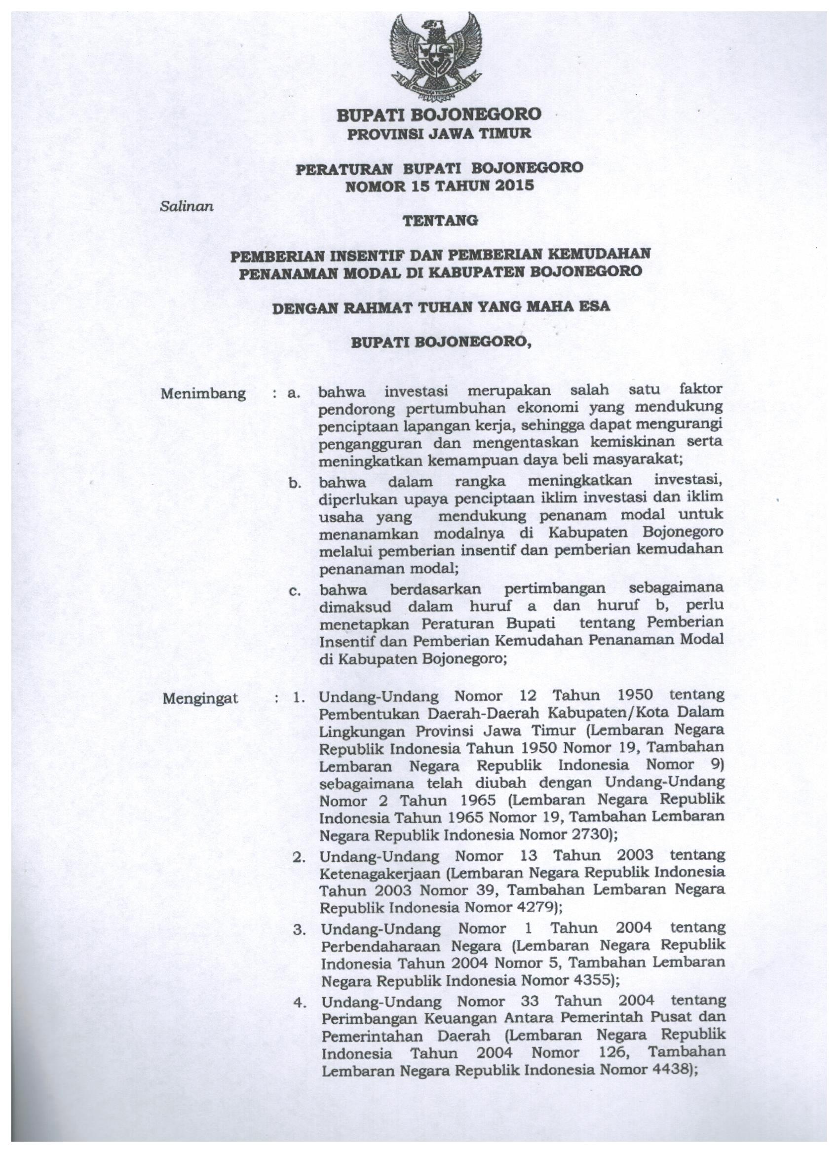 Peraturan Bupati Bojonegoro Nomor 15 Tahun 2015