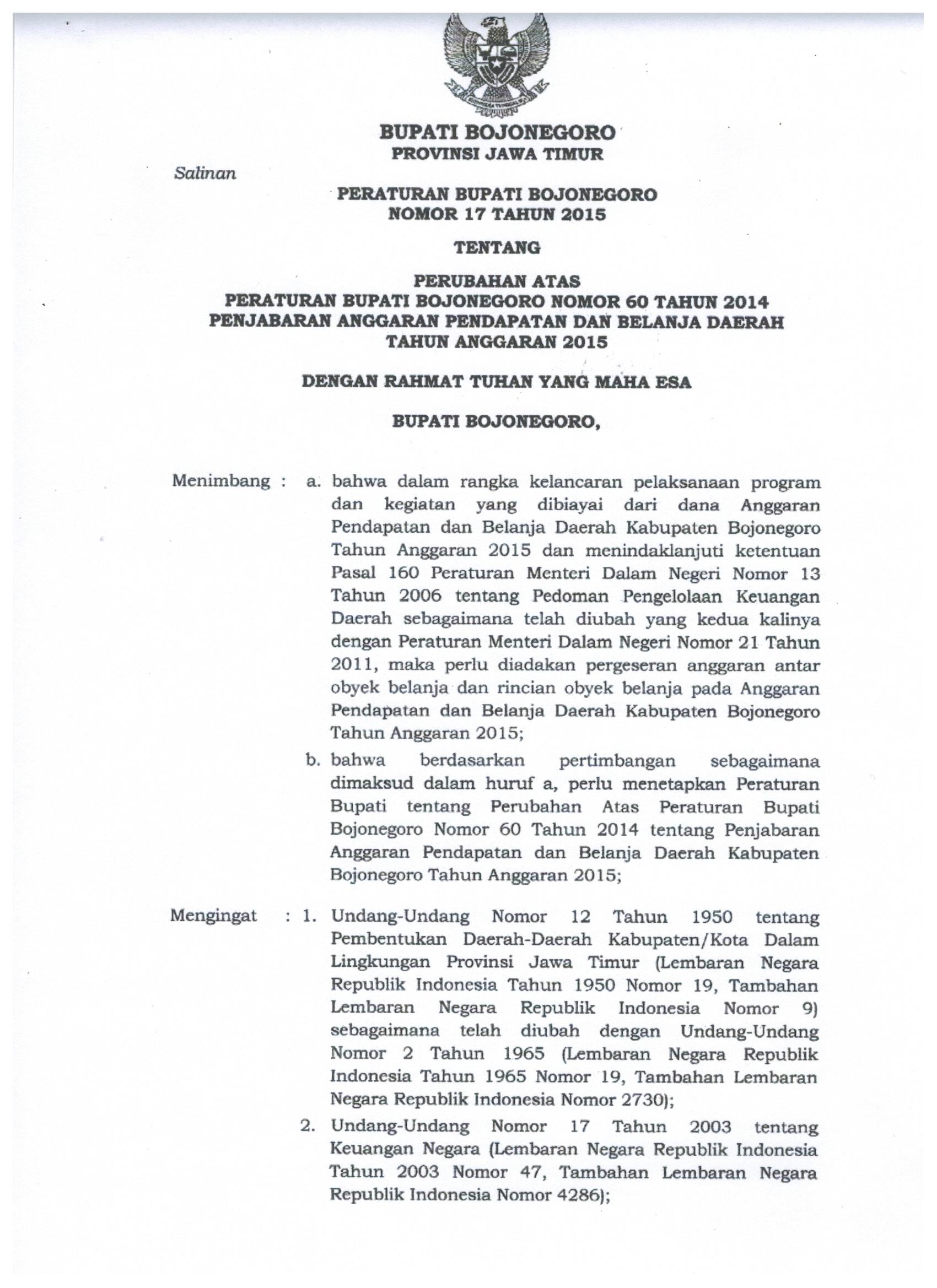 Peraturan Bupati Bojonegoro Nomor 17 Tahun 2015