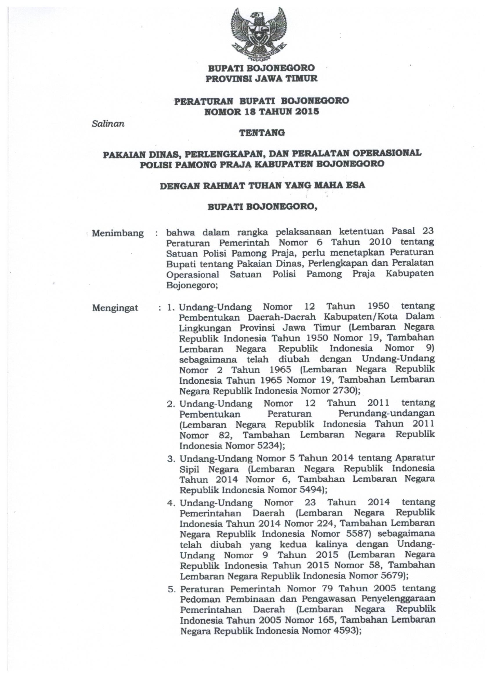 Peraturan Bupati Bojonegoro Nomor 18 Tahun 2015