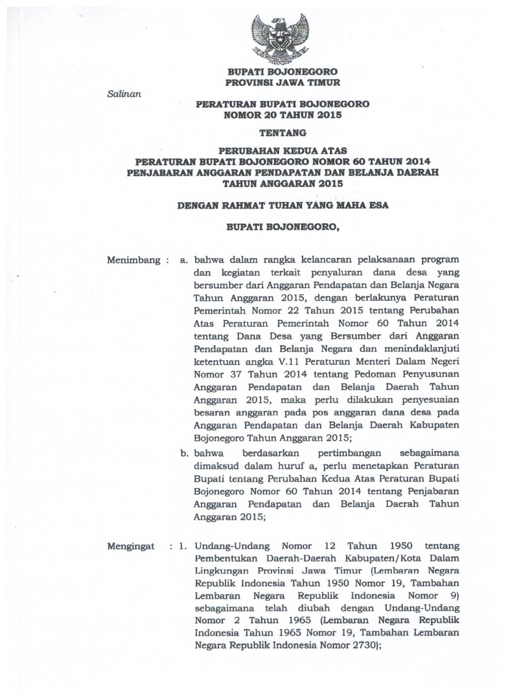 Peraturan Bupati Bojonegoro Nomor 20 Tahun 2015
