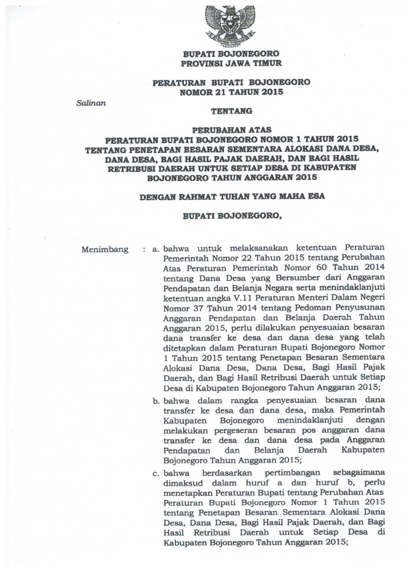 Peraturan Bupati Bojonegoro Nomor 21 Tahun 2015