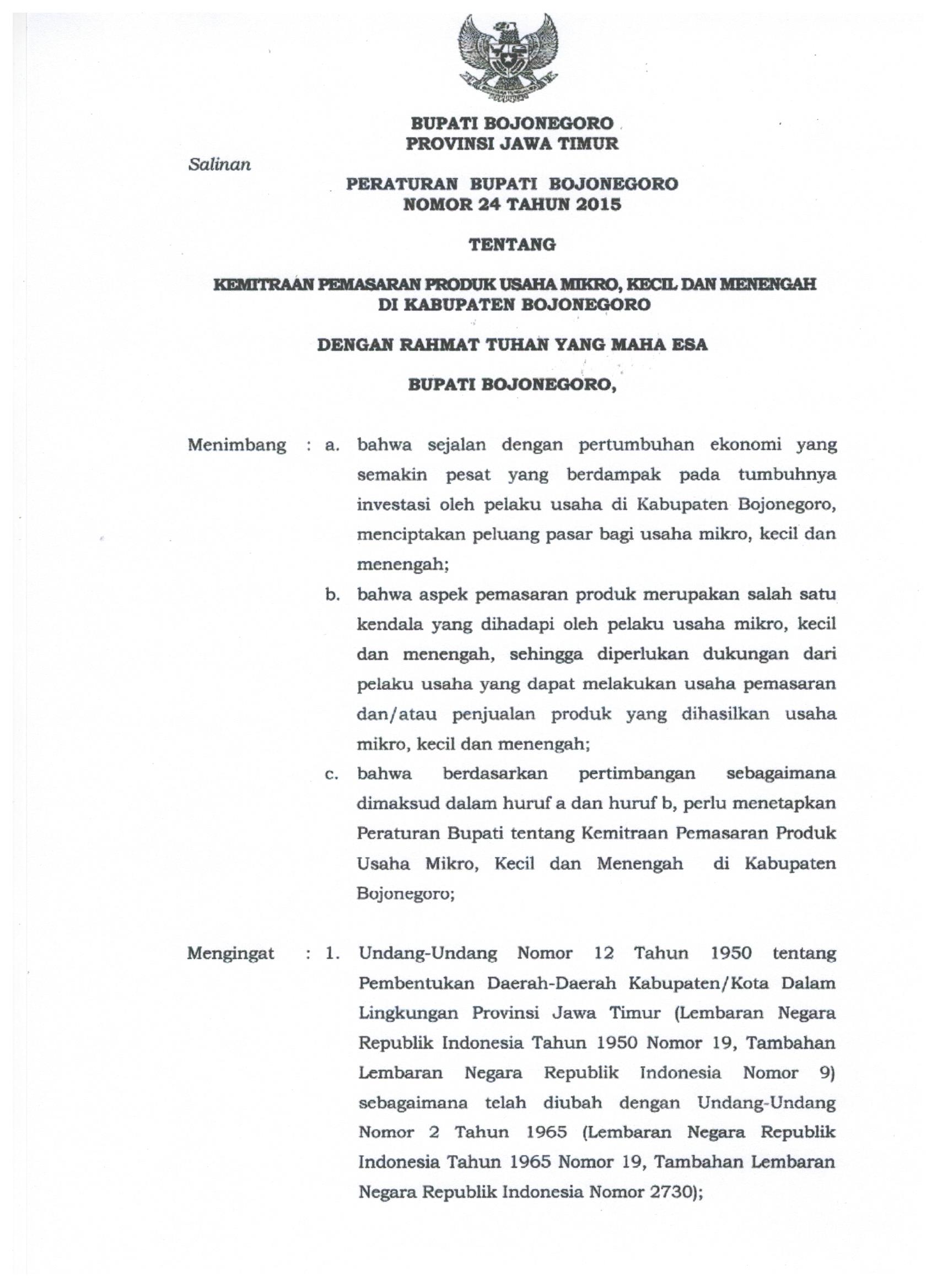 Peraturan Bupati Bojonegoro Nomor 24 Tahun 2015