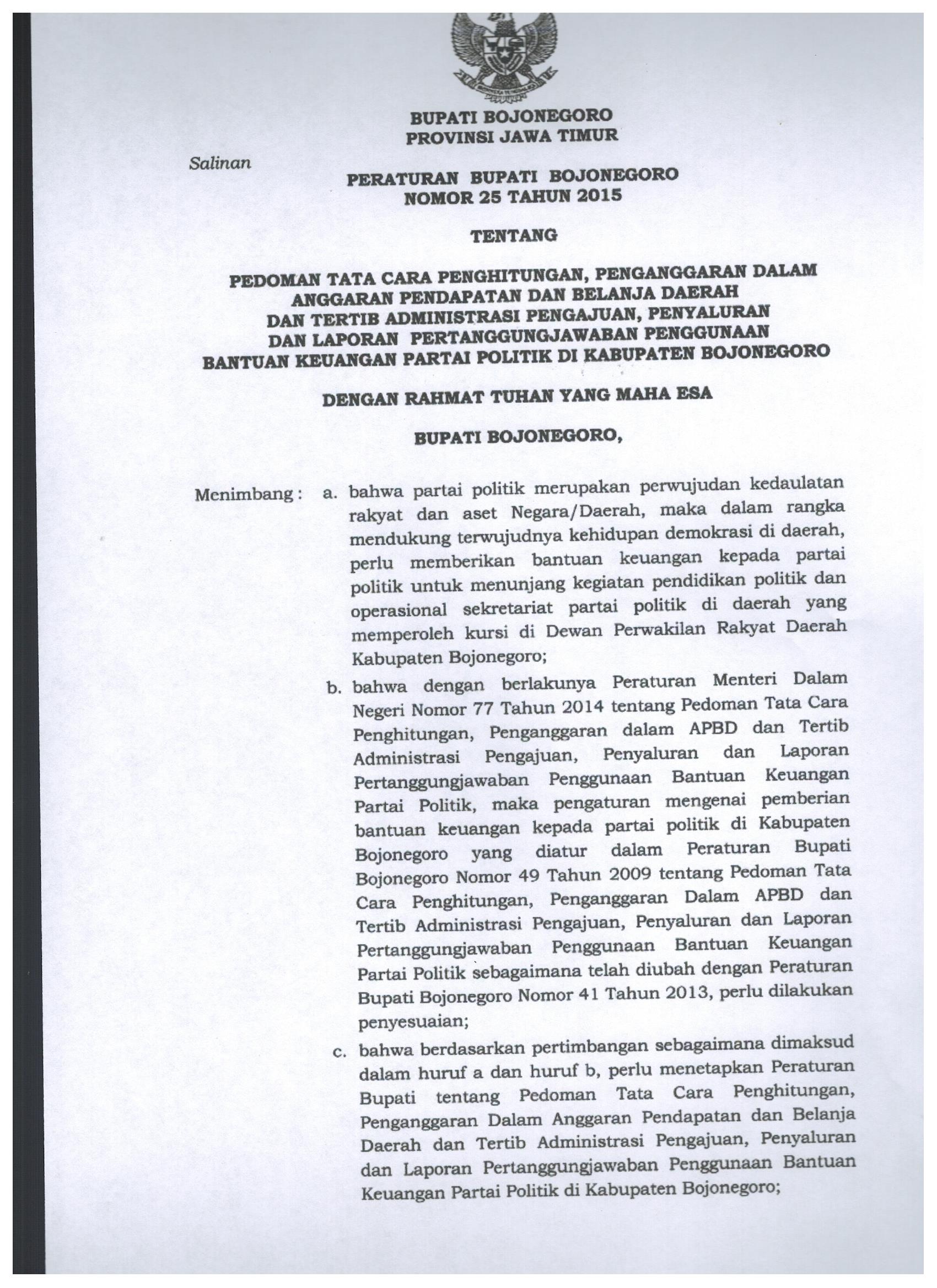 Peraturan Bupati Bojonegoro Nomor 25 Tahun 2015