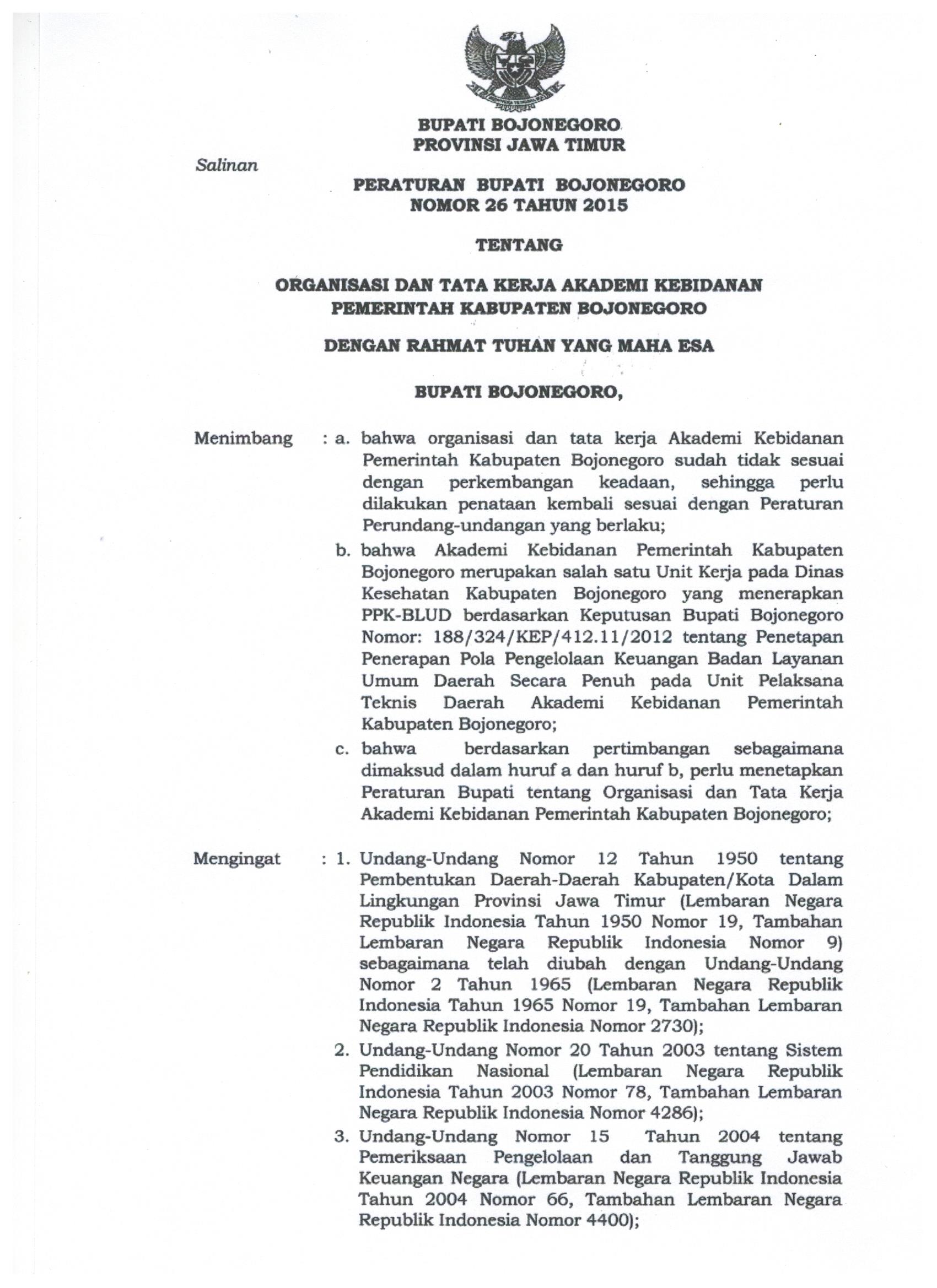 Peraturan Bupati Bojonegoro Nomor 26 Tahun 2015