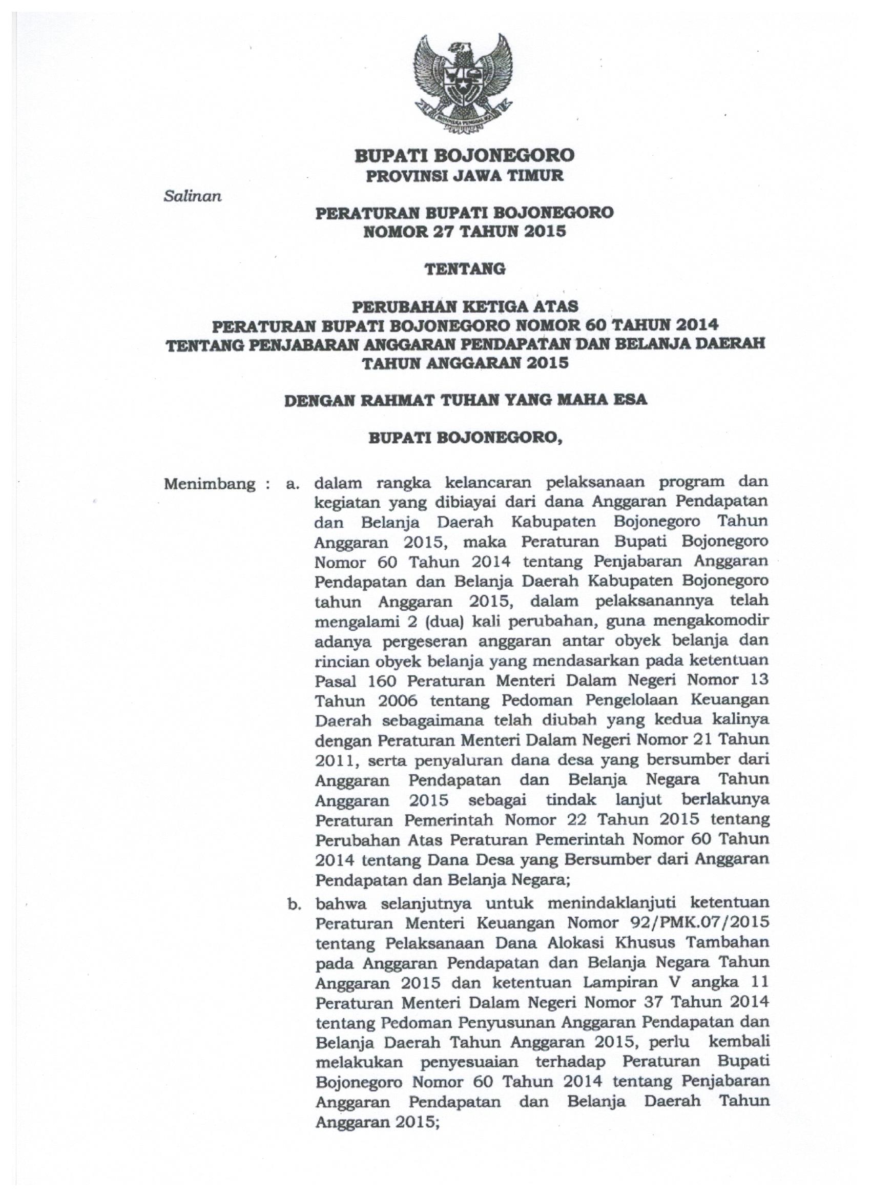 Peraturan Bupati Bojonegoro Nomor 27 Tahun 2015