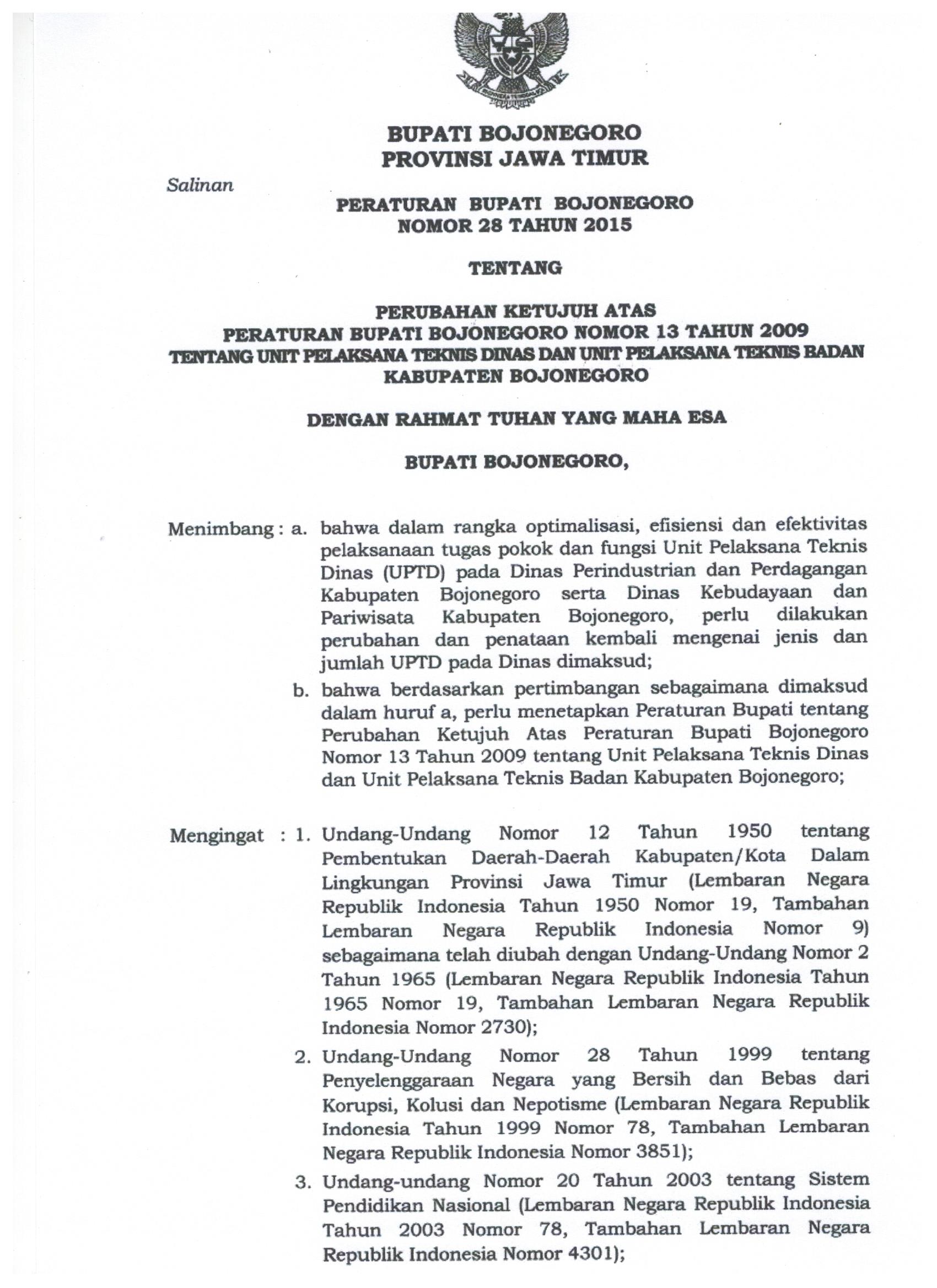 Peraturan Bupati Bojonegoro Nomor 28 Tahun 2015