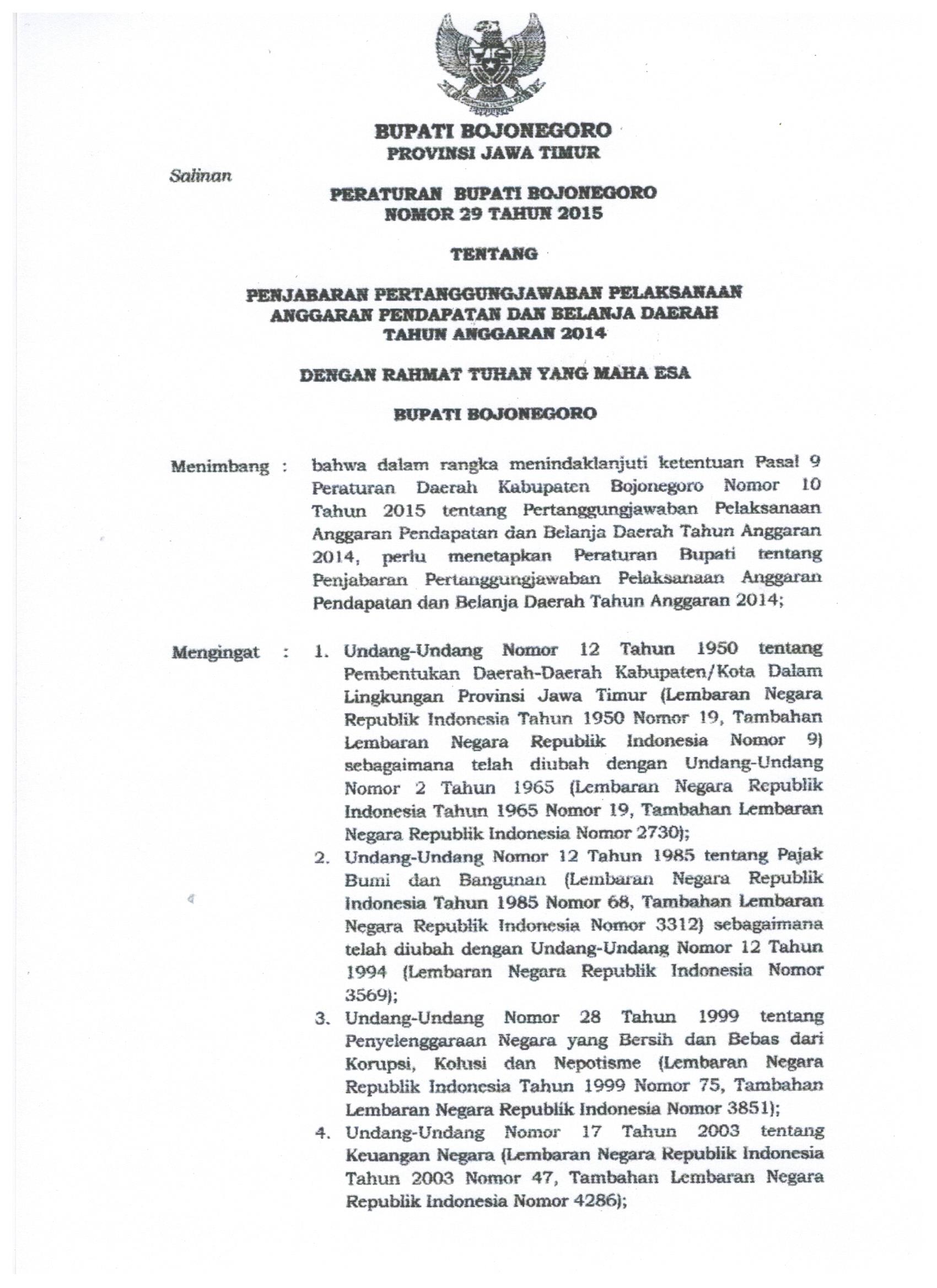 Peraturan Bupati Bojonegoro Nomor 29 Tahun 2015