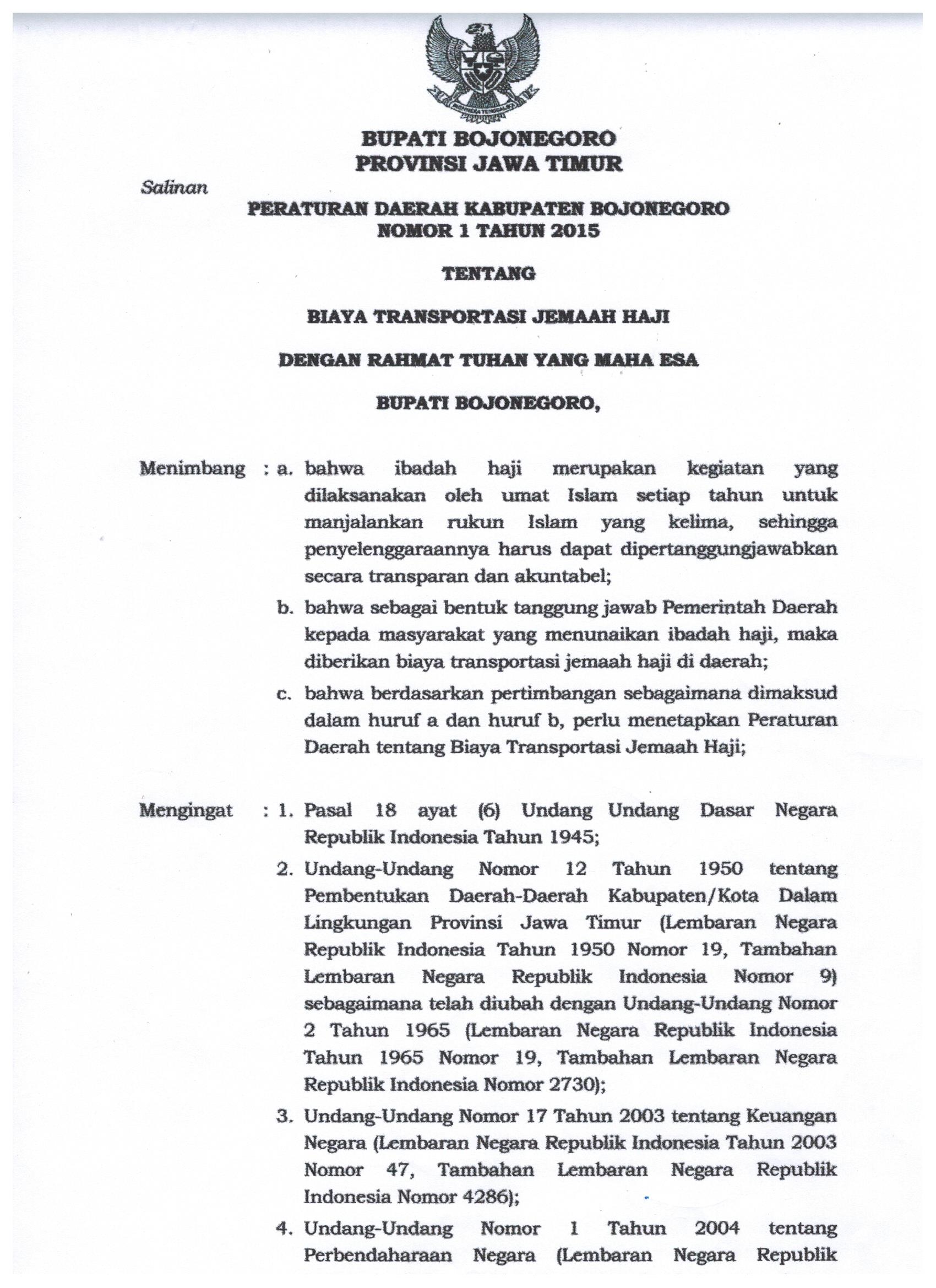 Peraturan Daerah Kabupaten Bojonegoro Nomor 1 Tahun 2015