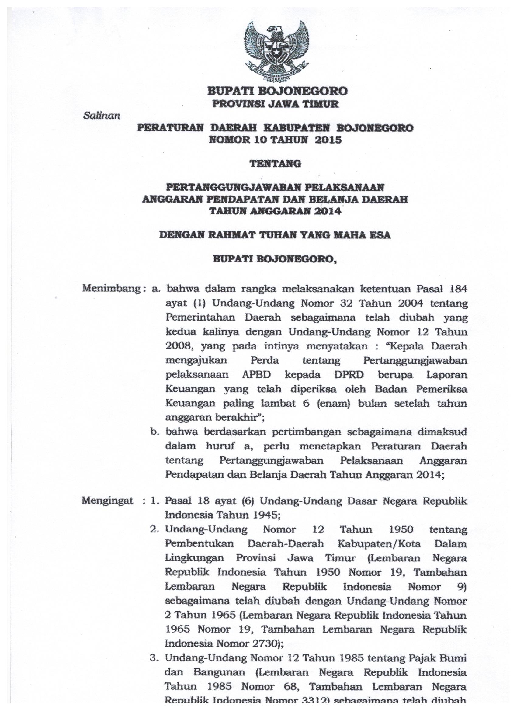 Peraturan Daerah Kabupaten Bojonegoro Nomor 10 Tahun 2015