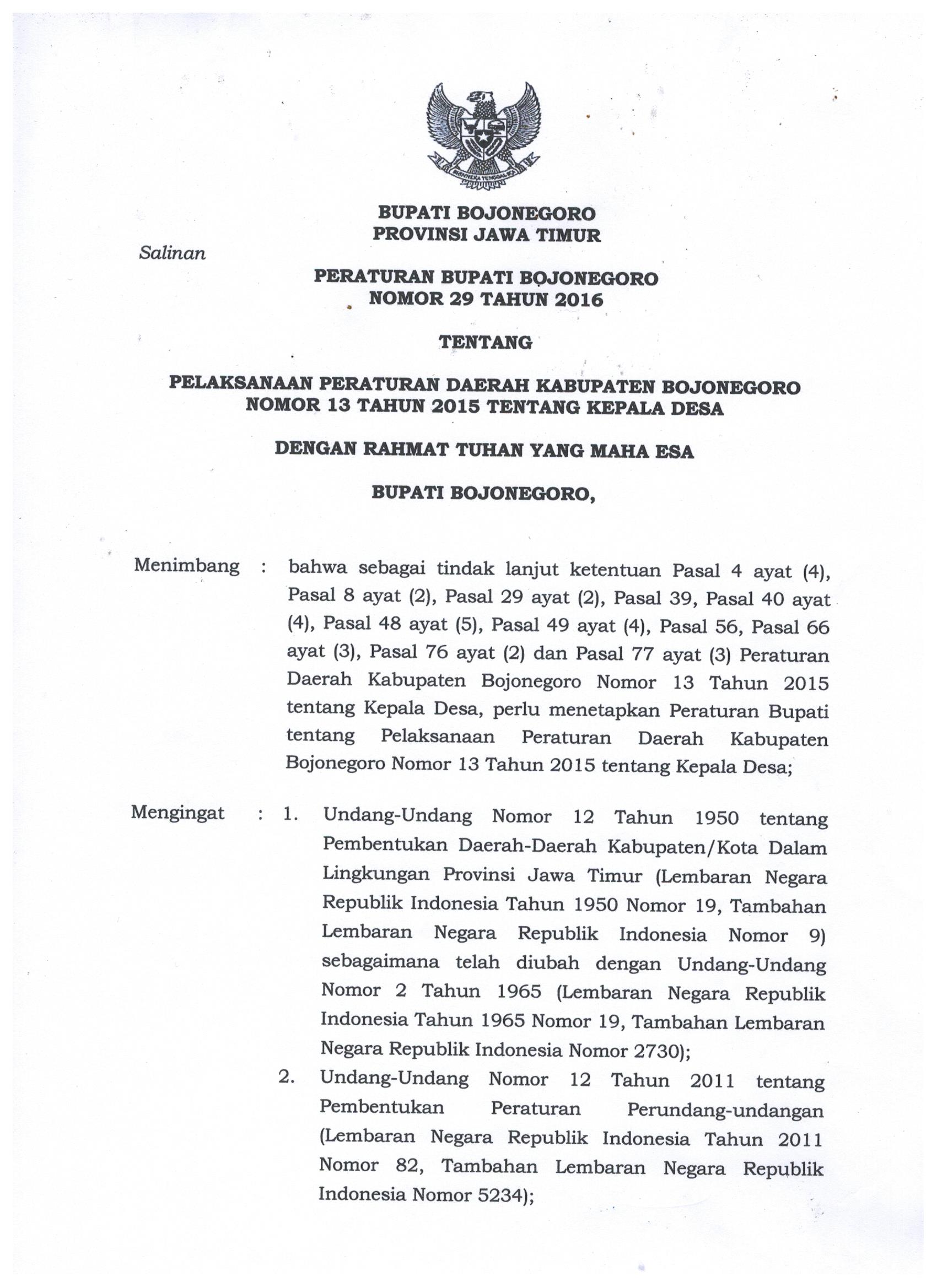 Peraturan Bupati Bojonegoro Nomor 29 Tahun 2016