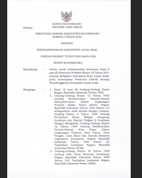 Peraturan Daerah Kabupaten Bojonegoro Nomor 2 Tahun 2026 PENYELENGGARAAN KABUPATEN LAYAK ANAK